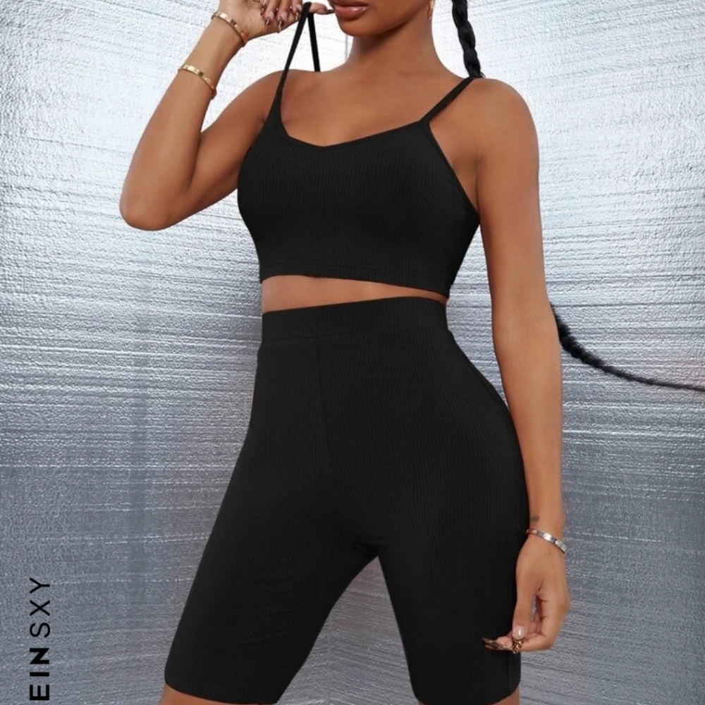 Rib-Knit Crop Cami Top & Biker Shorts Set